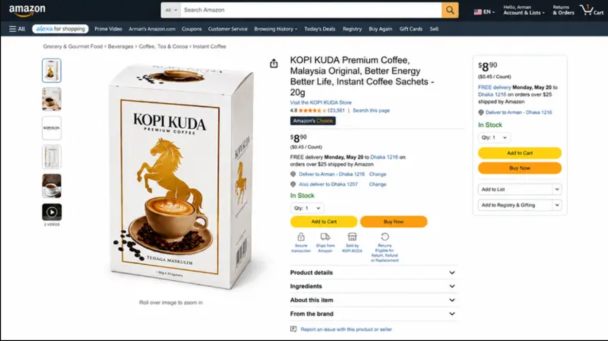 Kopi Kuda Amazon product listing