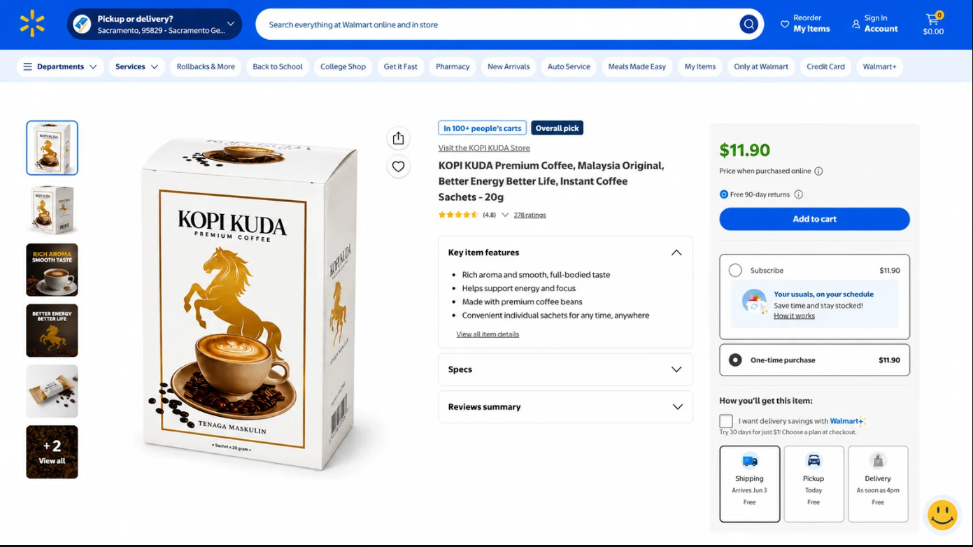 Kopi Kuda Walmart product listing